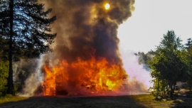Płonie budynek wypełniony drewnem, ogień przeszedł na las! W akcji 9 zastępów straży pożarnej!