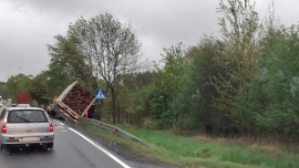 Ciężarówka z drewnem wypadła z drogi na DK27 w pobliżu miejscowości Piaski